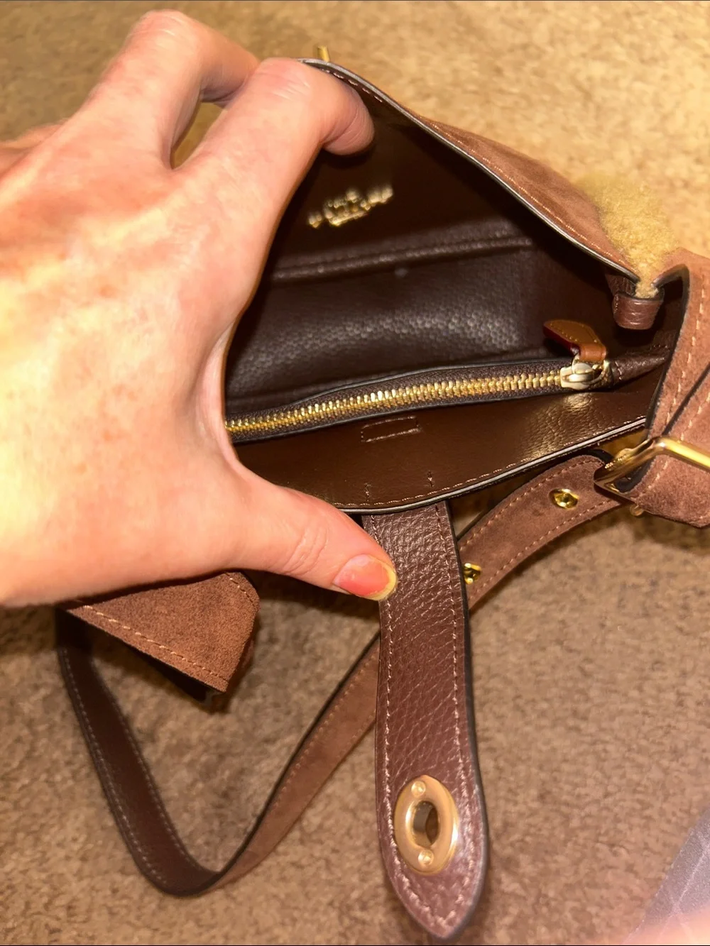 Coach Brown Suede Crossbody with Tan Shearling Trim